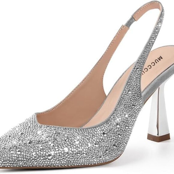 Women’s Silver Rhinestone Kitten Heel Slingback Pumps Bridal Prom Party - Picture 1 of 9